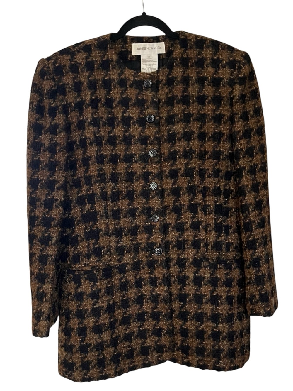 Vintage Jones New York Brown and Black Houndstooth Button-Front Wool Blazer Coat